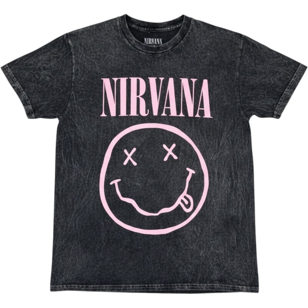 Nirvana Graphic T-Shirt Small Charcoal Pink Acid Wash Smiley Face Band Tee